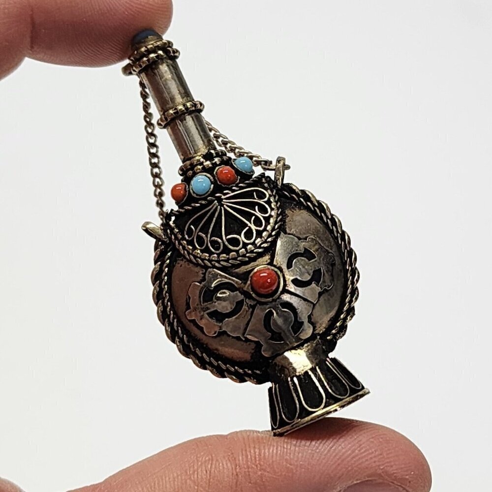 Vintage Tibetan Metal Snuff Bottle Ornate Antique Handmade‎ Turquoise Stones